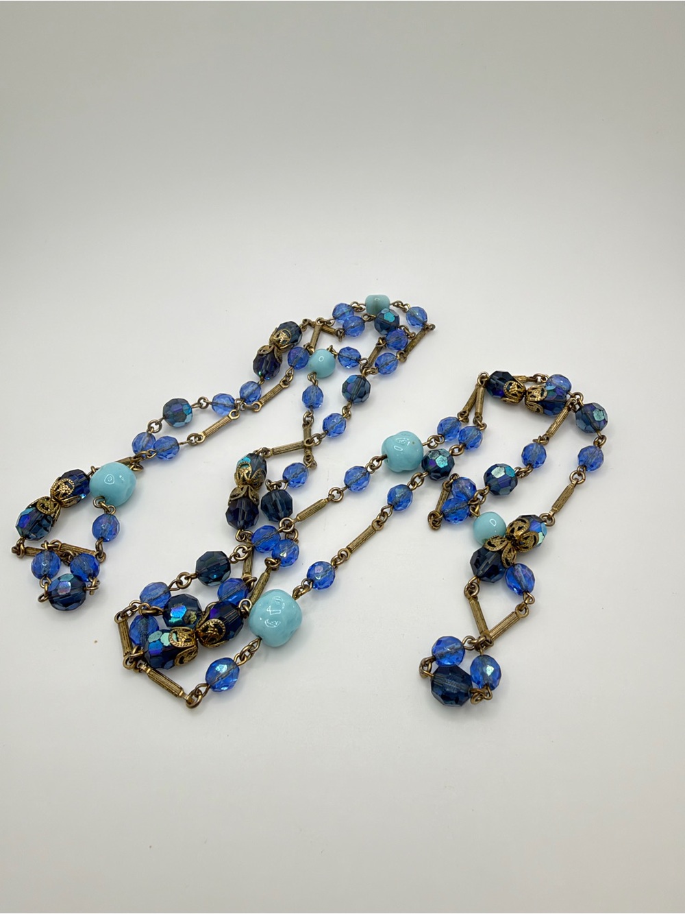 56" VTG faceted blue glass, AB glass, and light blue glass beaded necklace!